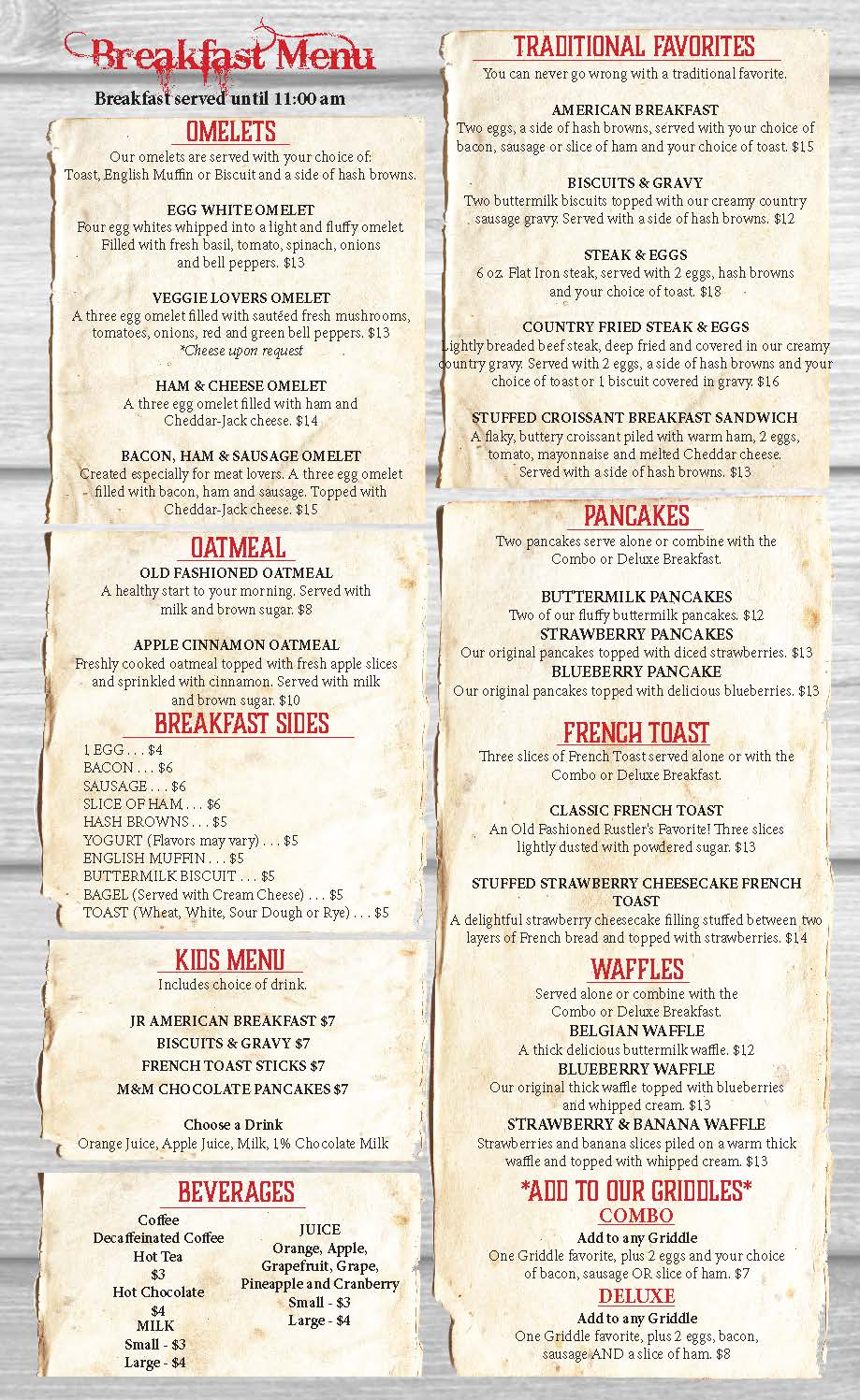 Rustler's Restaurant breakfast menu
